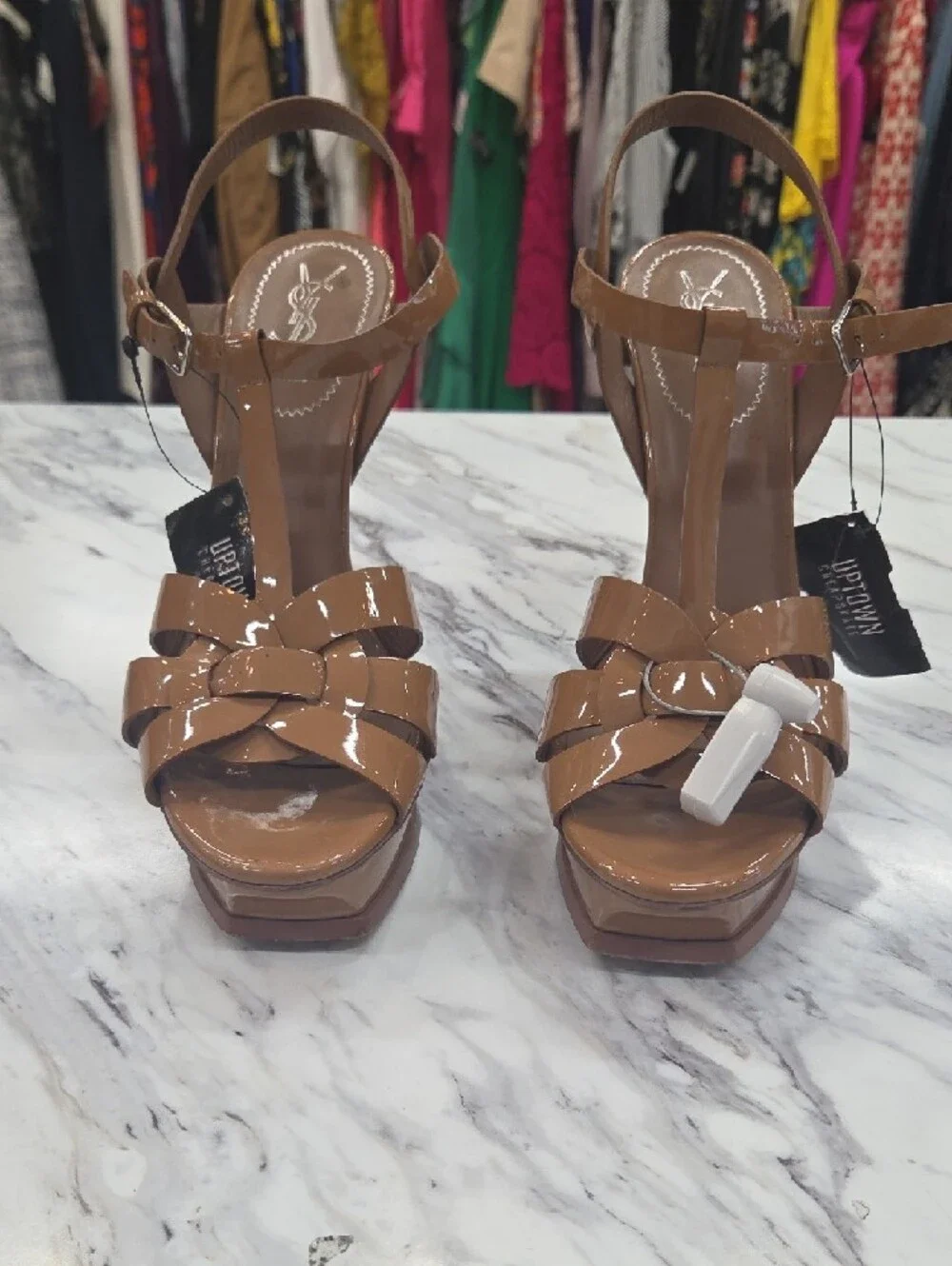 Yves Saint Laurent Patent Platform Sandal - Tan